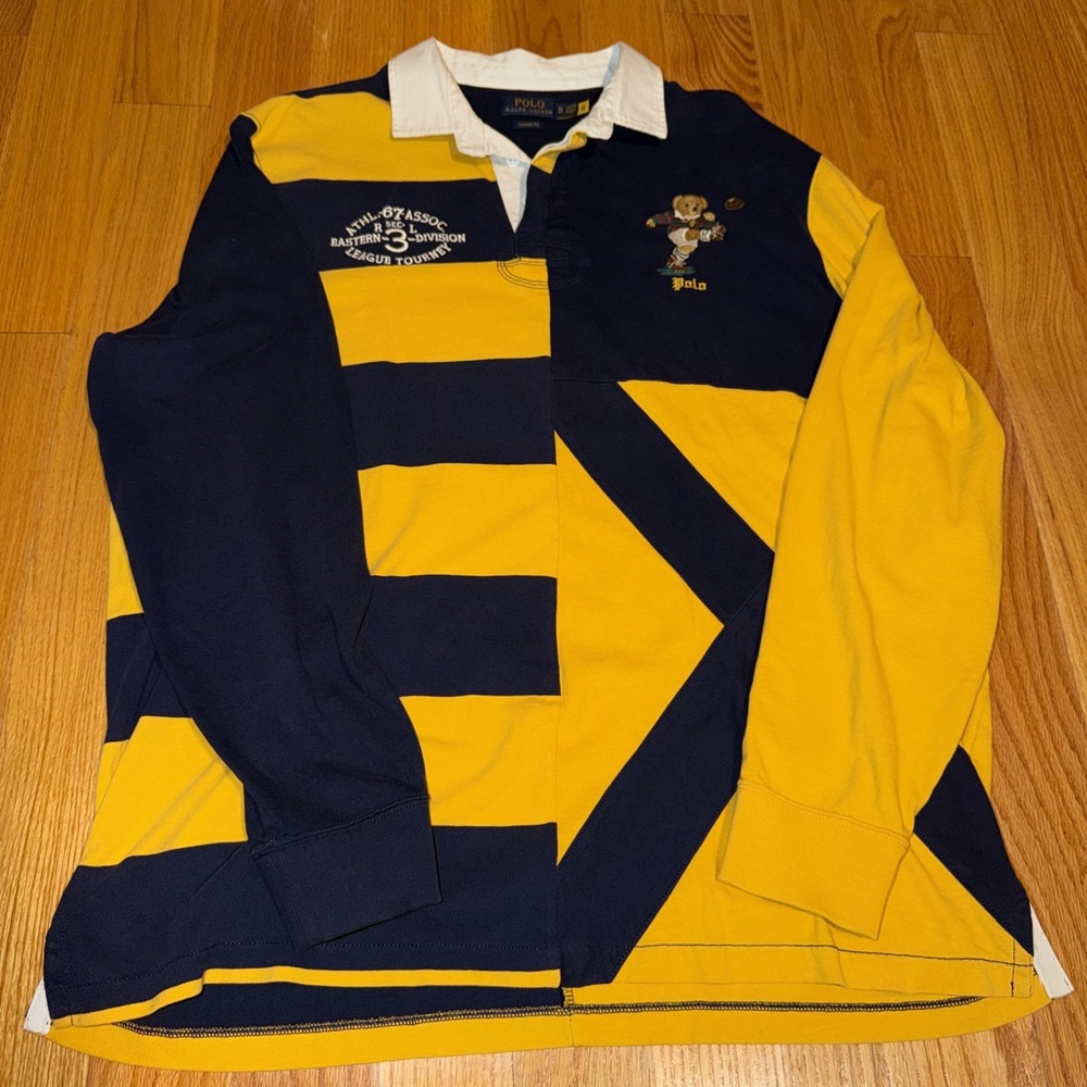 Polo Ralph Lauren Kicking Polo Bear Patchwork Rugby Mens XLarge Yellow Navy
